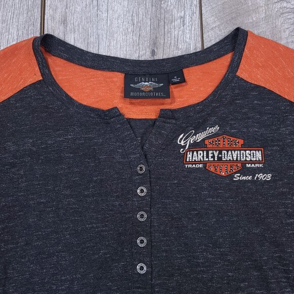 Harley Davidson Shirt Womens Medium Back Print Henley Long Sleeve Shop Top - Picture 4 of 7